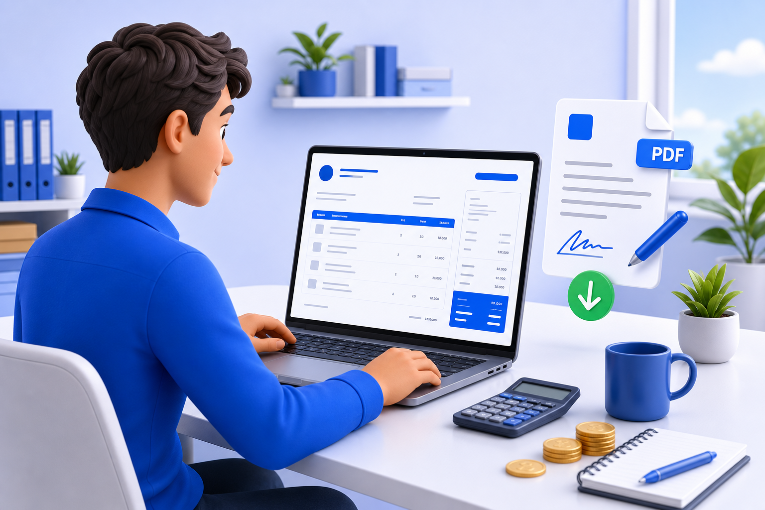 Creating an invoice on laptop with PDF download — 3D illustration