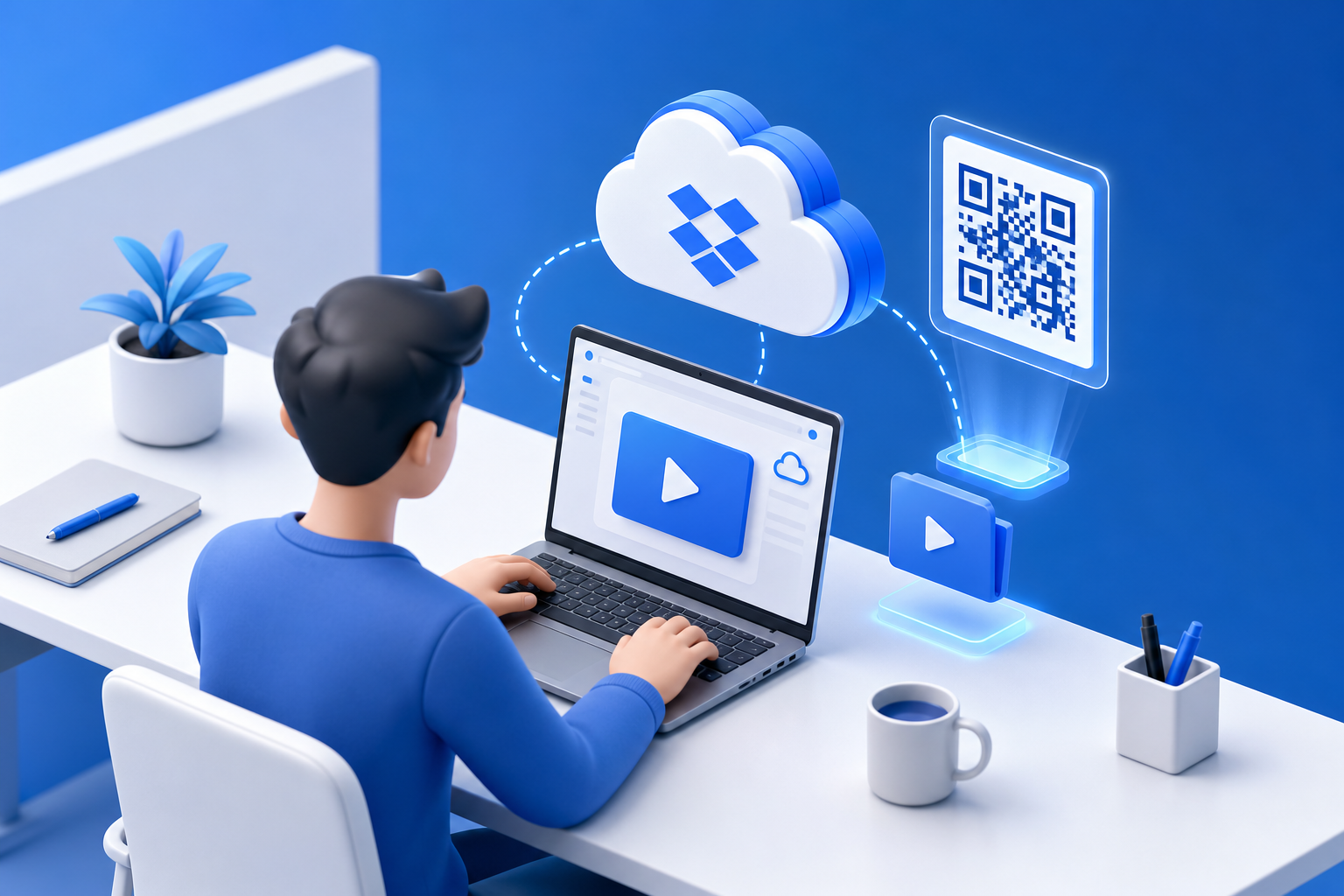 Sharing Dropbox video link with QR code — 3D illustration