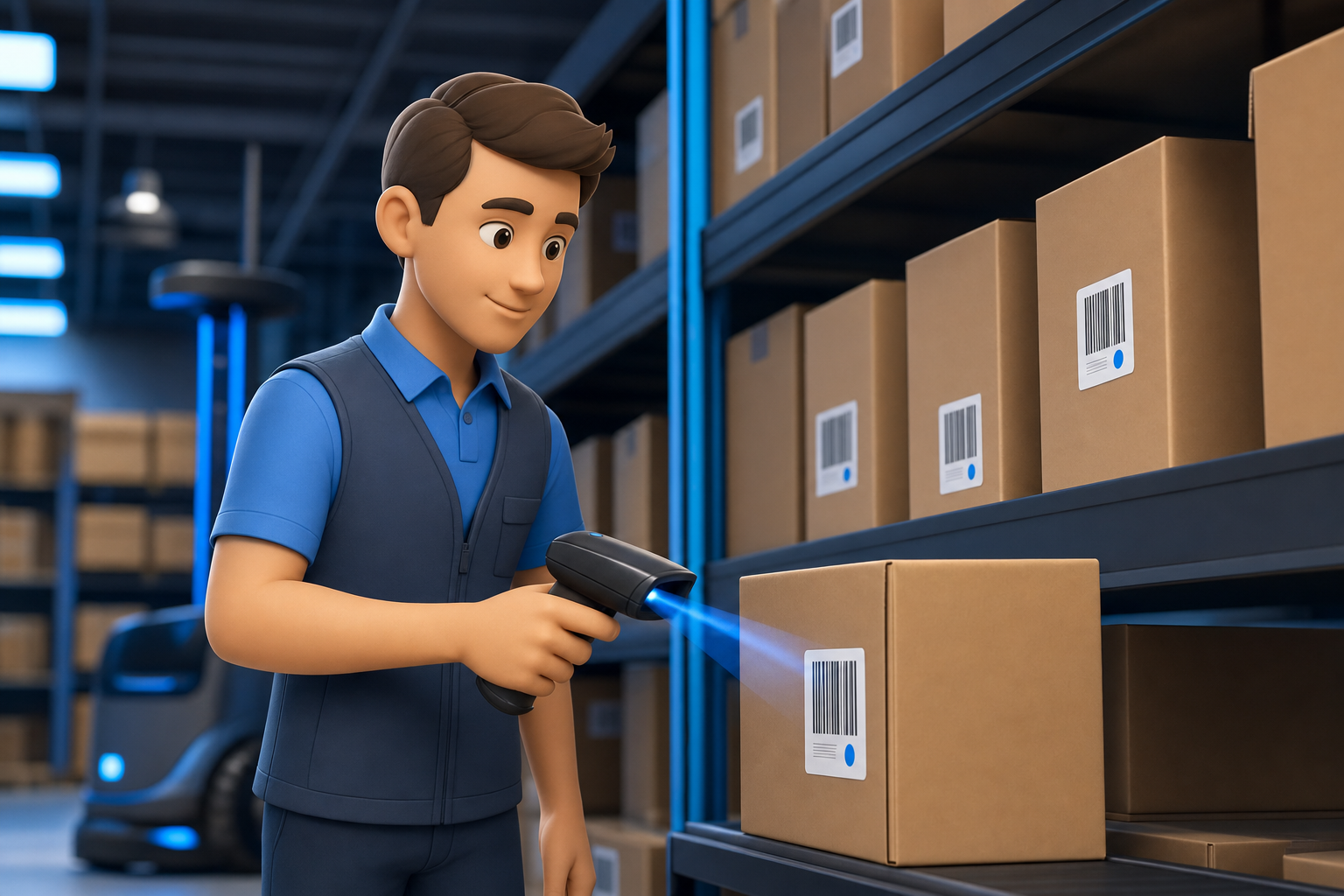 Retail worker scanning product barcode — 3D illustration
